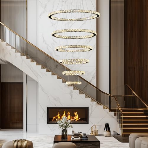 Modern Crystal Chandelier for High Ceiling Lights Fixtures Luxury 6 Ring Led Chandelier for Dining Room Big High Ceilings Foyer Chandeliers for Living Room Entryway Staircase (6 Ring-big)