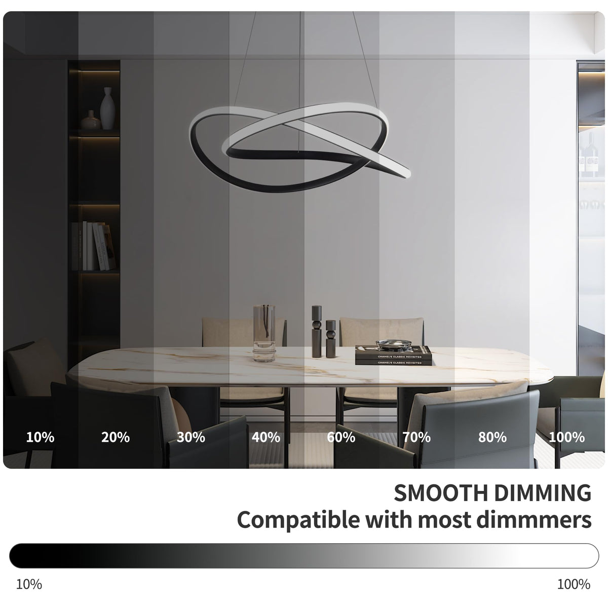 Modern LED Chandelier for Dining Room Pendant Light Fixture 40W (Black-20 Inches)