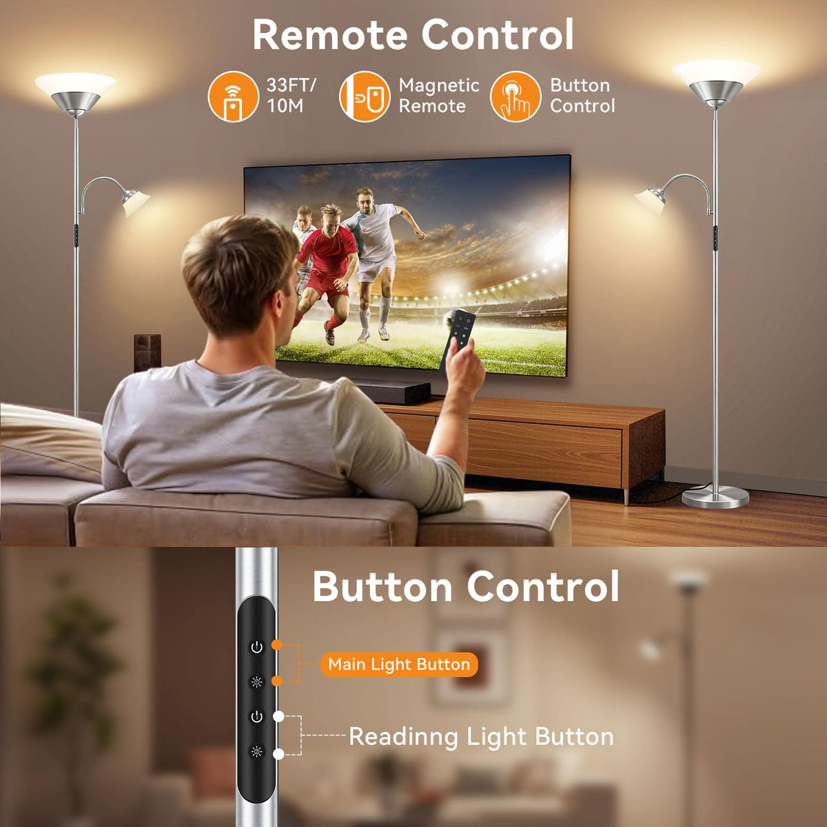 2-in-1 Torchiere Floor Lamp, 34W Super Bright LED Standing Lamp with Remote & Touch Control, 72" Dimmable Adjustable Corner Reading Lamp for Living Room, Bedroom, Office, Metallic Silver (Metallic Silver)