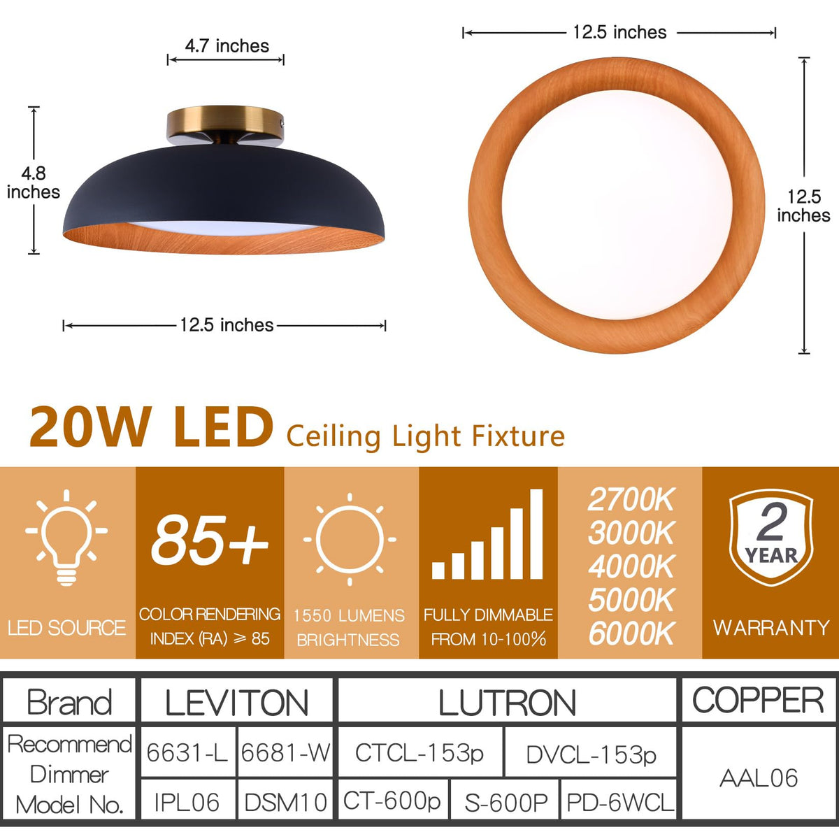 Flush Mount Ceiling Light (Matte Black with Wood Accent-5CCT / 12.5 Inch-1 Pack)