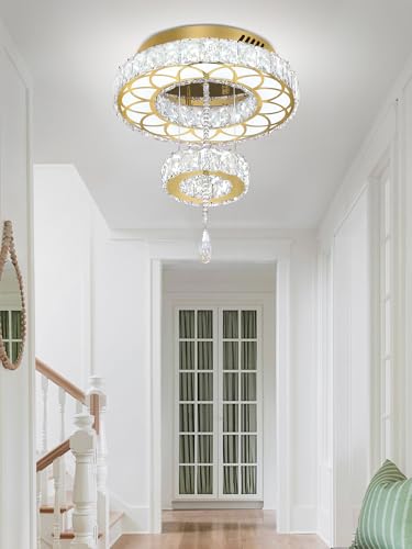 Dia 12" Crystal Mini Chandelier Crystal Gold Ceiling Light Fixtures LED Flush Mount Ceiling Light for Living Room Bedrooms Dining Room Dimmable 2700k 4500k 6000k (Gold / W:12inches)