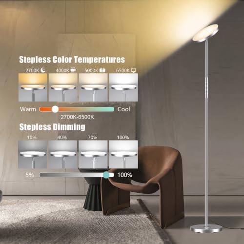 Floor Lamp Upgraded 40W 4000LM Super Bright Torchiere LED Floor Lamps for Living Room (Brushed Nickel)