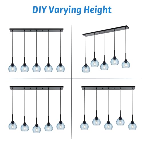5 Light Island Lighting Fixtures Hanging with Blue Striped Swirl Globe Glass (Blue / 5-Light-Straight Bar)