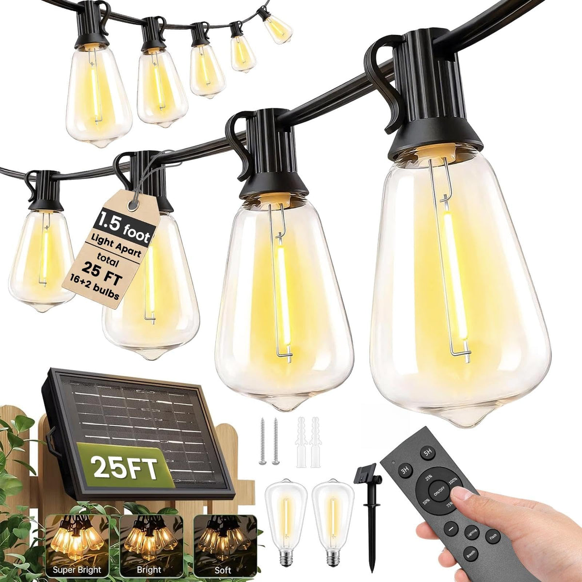 25FT Solar String Lights Outdoor with 16 LED Bulbs (ST38-Solar-Remote / Remote Solar 25FT (1ft apart))