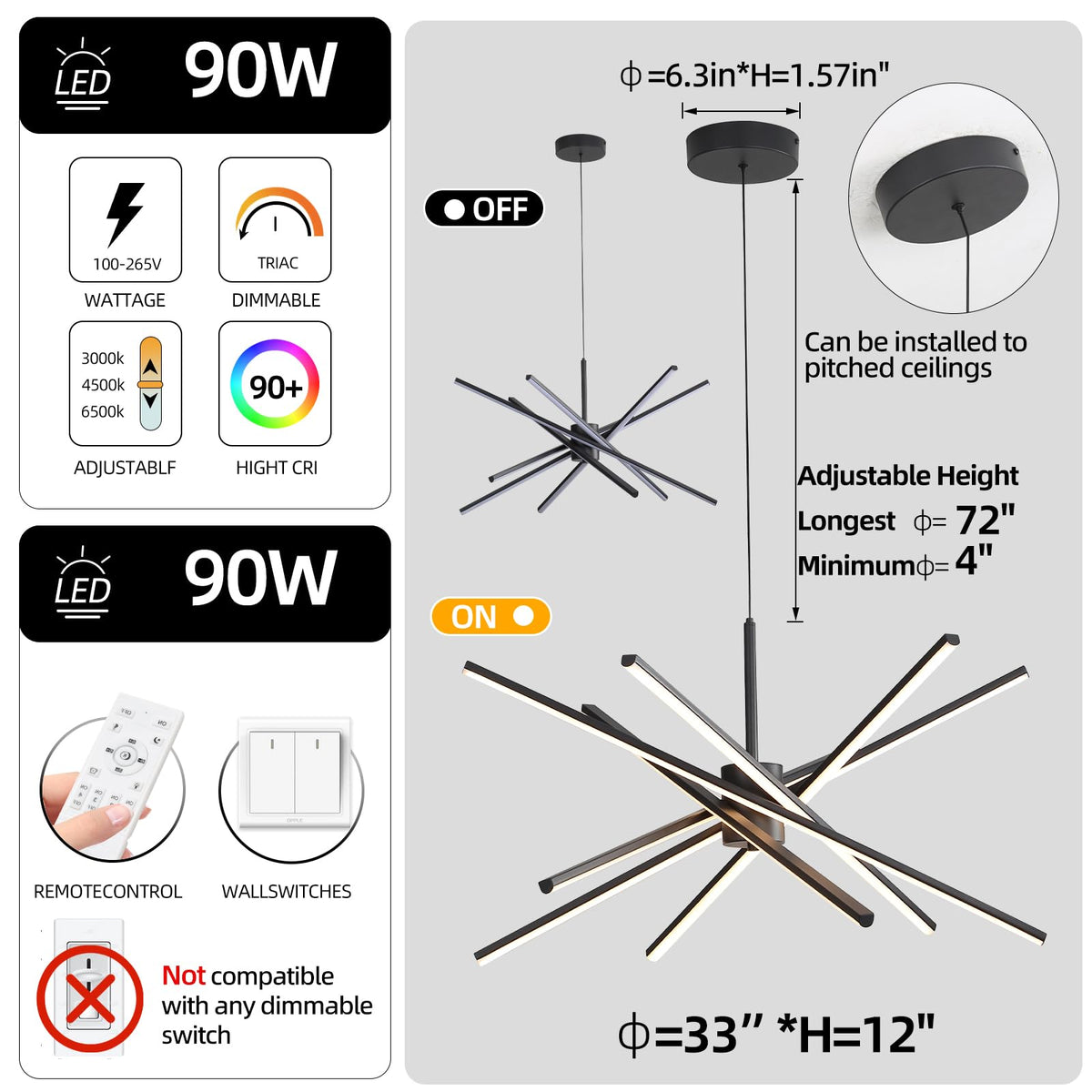 Black 33 inches Modern Sputnik Chandelier 90W LED Chandeliers (Black / 33Inch)