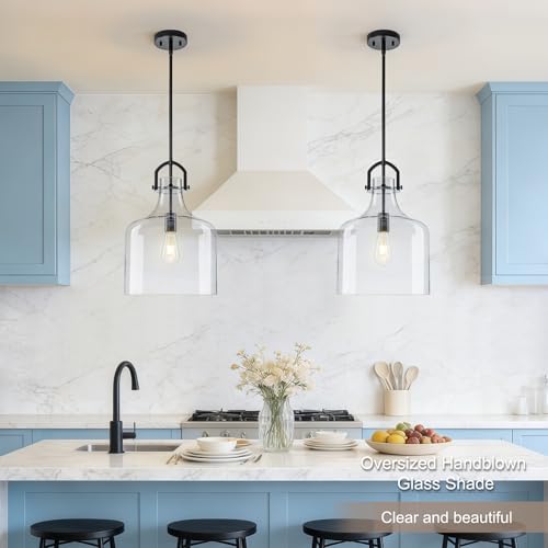 15"H Large Glass Pendant Light Fixtures with Clear Oversized Glass (Black)
