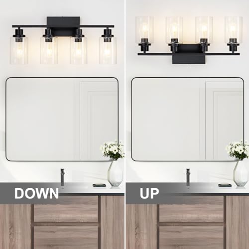 4 Light Black Bathroom Vanity Light Fixture Over Mirror Modern Farmhouse Wall Lighting Sconces Industrial Wall Lamp for Bathroom Bedroom Living Room E26 Socket with Glass Shade (Black / 4 Light)
