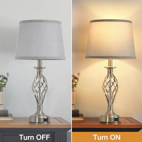 Table Lamp for Bedroom Set of 2 with USB C+A Ports (Silver Base + Grey Lampshade)