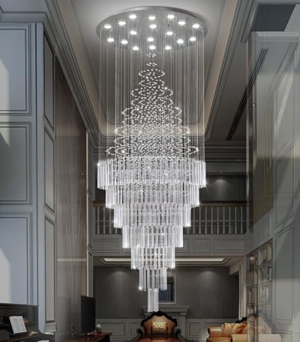 W40 x H120 Glam Chandelier with LED Bulbs Crystal Raindrop High Ceiling Pendant Light for Entrance Large Villa Chandelier Foyer Lighting Fixtures Silver (Silver / Round W40" X H118")