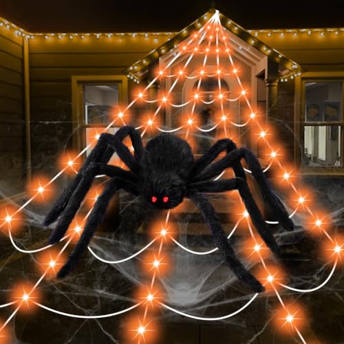 Halloween Decorations 16.4Ft Spider Web with LED Lights & 59" Giant Spider