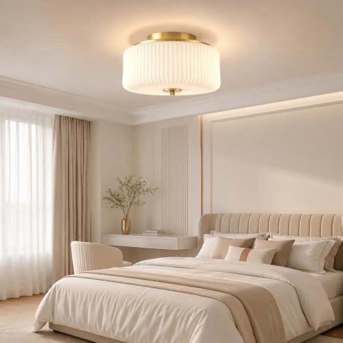 Flush Mount Ceiling Light with 12'' Milk Ribbed Glass Shade for Schoolhouse (Gold/Milk-Flush Mount)