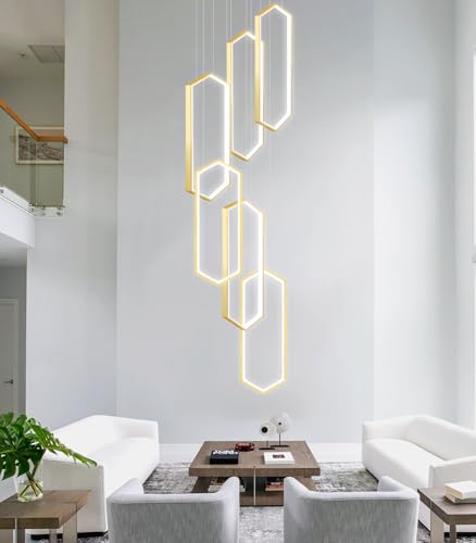 6 Rings Modern Chandelier LED Dimmable Pendant Lighting Adjust Flush Mount Ceiling Light for Foyer Lobby Living Room Staircaes Gold (Gold / 20in x 9.8in x 78in)