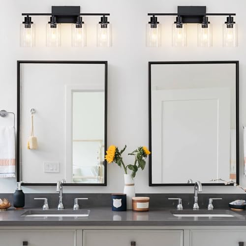 4 Light Black Bathroom Vanity Light Fixture Over Mirror Modern Farmhouse Wall Lighting Sconces Industrial Wall Lamp for Bathroom Bedroom Living Room E26 Socket with Glass Shade (Black / 4 Light)