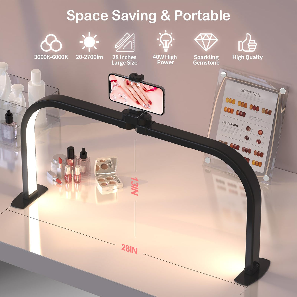 Upgrade Large Half Moon Light for Nail Desk with Phone Holder for Nail Lamp (Black / Large)