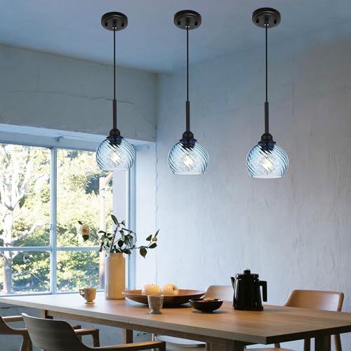 3 Pack Dining Room Light Fixture with Blue Striped Swirl Globe Glass (Blue / 1-Light-3 Packs)