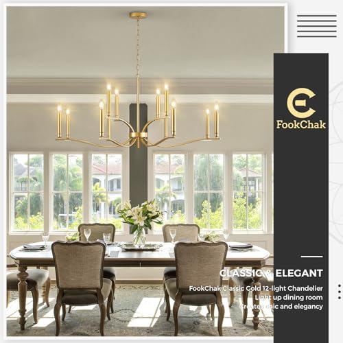 12 Light Gold Living Room Chandelier High Ceiling Foyer Candle Chandelier Large Modern Brass 44in Metal Chandeliers Hanging Light for Master Bedroom Dining Room Light Fixture Over Table (Gold / 44 inch)
