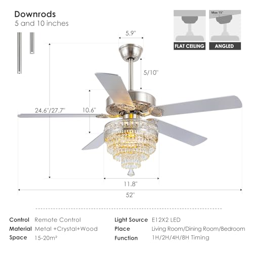 52" Silver Crystal Chandelier Ceiling Fans with Lights and Remote Control (Silver-52Inch)
