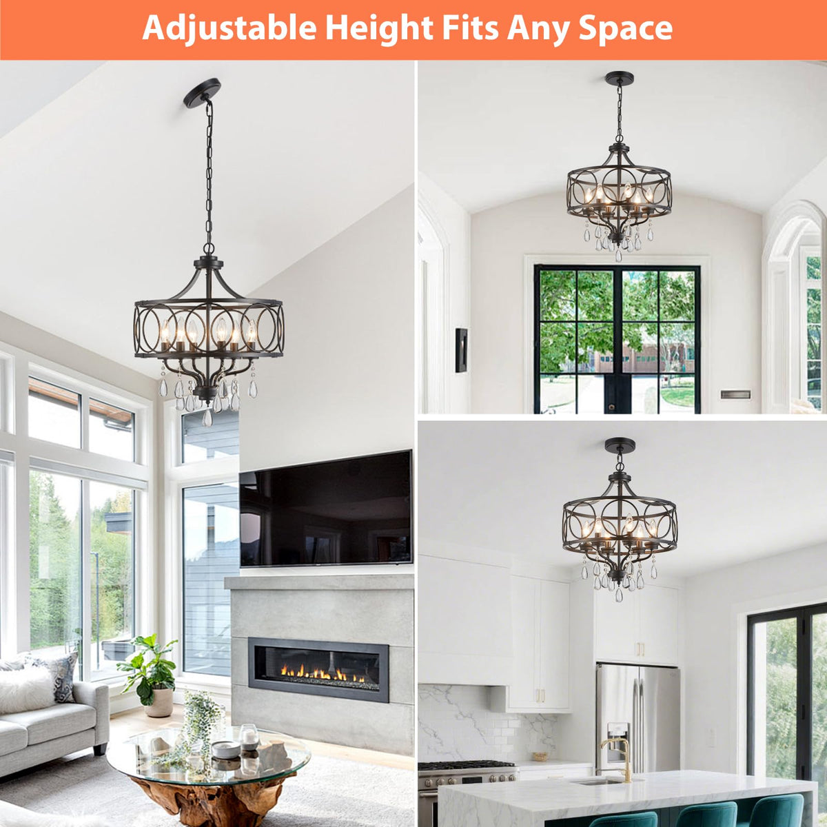 Modern Black Chandelier 17.7" Metal Crystal Pendant Lighting Fixture Hanging 6