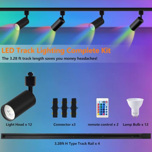 Plug in H Type LED Track Lighting Kits Dimmable RGB Ceiling Fixtures (Black RGB)