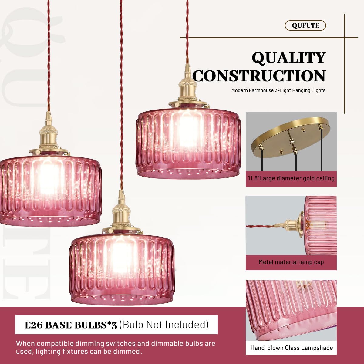 Gold Cluster Chandelier Globe Glass Ceiling Pendant Lights Pink Hanging Pendant Light Brushed Brass Dining Room Chandeliers Mid Century Modern Hanging Light Kitchen Adjustable Cord (Pink-Hardwired-3-Light-Cluster)