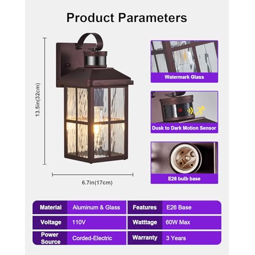 2 Pack Motion Sensor Porch Light Dusk to Dawn Outdoor Wall Light (Bronze 2)
