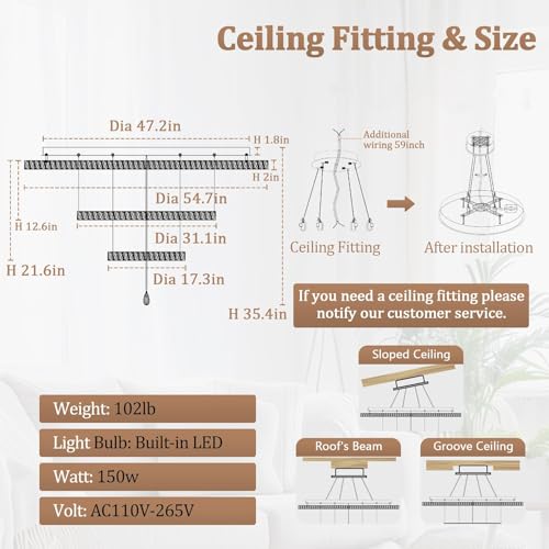 Extra Large Chandelier Dia 55" Gold Chandeliers Flush Mount Chandelier for Living Room Bedroom Dining Room Hallway Dimmable 3 Rings Ceiling Chandeliers (Gold / W:55inches)