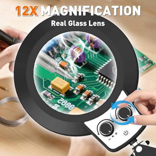 12X Magnifying Glass with Light and Stand (12X 35 INCH Clamp)