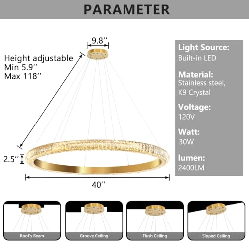 40" 1 Ring Crystal Chandelier Modern LED Dimmable Ring Pendant Light Chandelier for Dining Room Living Room Gold (Gold / 1 Ring Round 40")