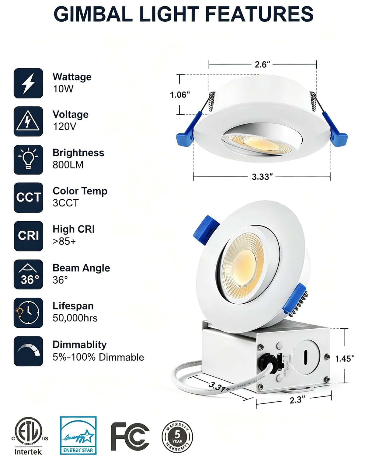 6 Packs 3 Inch Gimbal Led Recessed Light with Junction Box 10w (White 3CCT / 3in 6pack)
