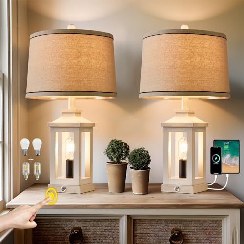 Farmhouse Table Lamps Set of 2 for Living Room 23.75" Bedroom Lamps White (Beige)