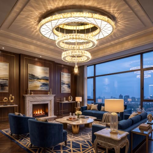 32"W Modern Chandeliers Living Room Light Crystal Flat Mounted Ceiling Lights Dining Room Light Bedroom Ceiling Drop Lighting Fixture Remote Dimmable Lights Bright Light with Dimming Night Light LED (32 inch / Silver)