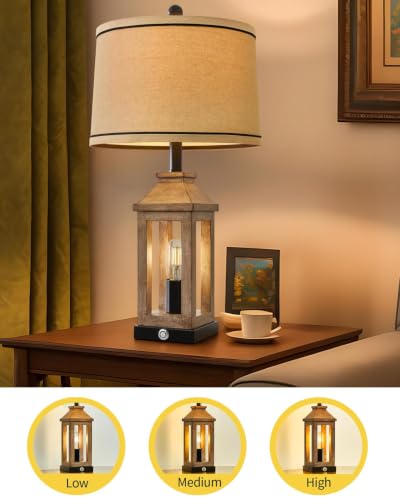 23.75" Farmhouse Table Lamps USB A+C Charging Ports 3 (Wood)