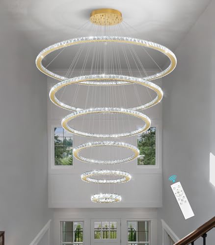 Modern Crystal Chandelier 6 Rings High Ceiling Chandeliers Dimmable LED Lighting Fixtures with Remote for Living Room Dining Room Foyer Gold (Gold / 6-Ring 47")