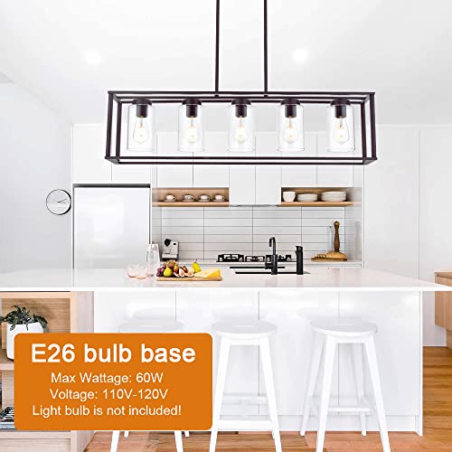5 Light Kitchen Island Chandeliers Oil Rubbed Bronze Modern Linear Cage Pendant Lighting with Clear Glass Shades Farmhouse Ceiling Light Fixtures Hanging for Dining Room Living Room (Oil-Rubbed Bronze / 5 Light)