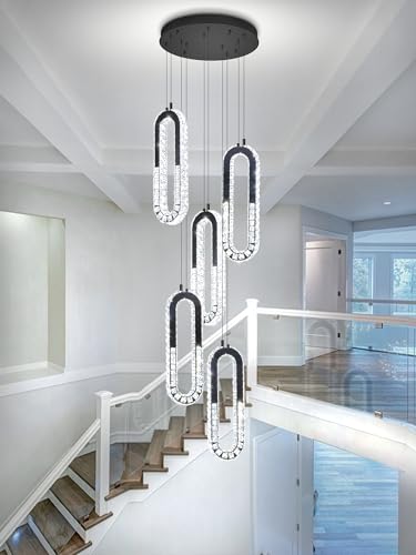 Modern LED Chandelier 5 Ring Black LED Pendant Light Adjustable Height Hanging Chandelier for Staircase Foyer (Black / 5 Rings (New))