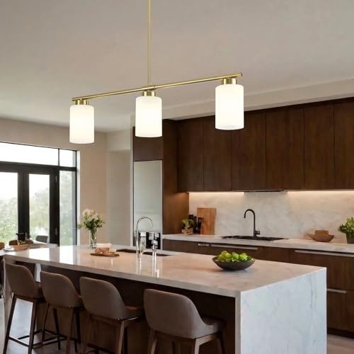 3 Light Gold Kitchen Island Lighting 31" Pendant Light with Milk Glass Shade Adjustable Height Linear Chandelier for Dining Room Modern Farmhouse Light Fixture Over Table Bar Living Room Foyer (Gold / 3-light)