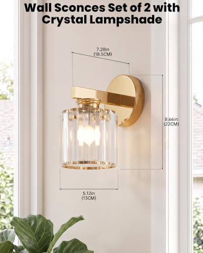 Hardwired Wall Sconces Set of Two with Crystal Lampshade (Gold-B)