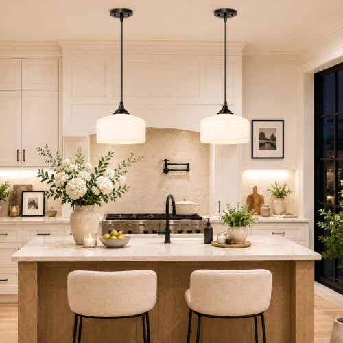 Black Vintage Pendant Light for Island Glass Kitchen Pendant Light (Black+White Patterned Glass / 9.45in)