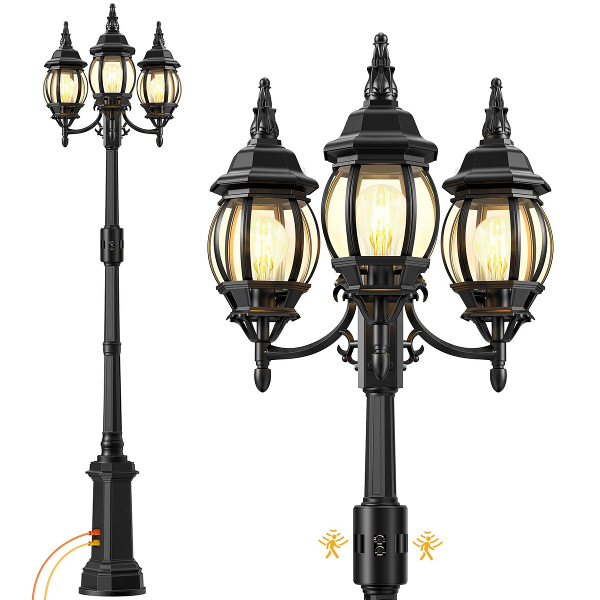 97" 3 Head Motion Sensor Outdoor Post Lights with GFCI Outlet (Black-with outlet / 97.7IN)