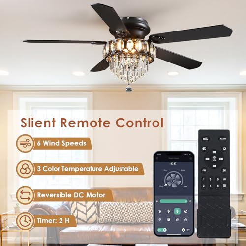 52" Low Profile Crystal Ceiling Fans with LED Lights and Remote (Black-52IN-8337)