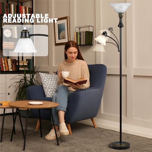 Torchiere Floor Lamp with Adjustable Angle Reading Lamp (Black)