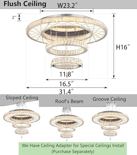 32"W Modern Chandeliers Living Room Light Crystal Flat Mounted Ceiling Lights Dining Room Light Bedroom Ceiling Drop Lighting Fixture Remote Dimmable Lights Bright Light with Dimming Night Light LED (32 inch / Silver)