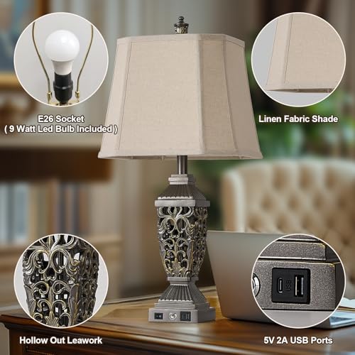 27.5" Touch Control Traditional Table Lamp Set of 2 with USB A+C (Taupe Gold-10 / 27.5")