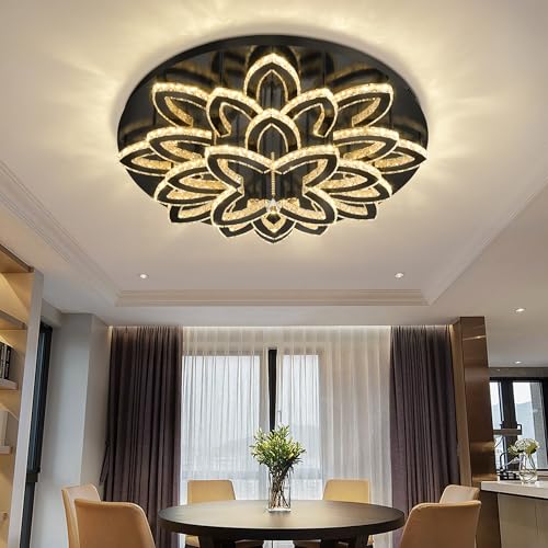 40" Modern Crystal Chandelier for Dining Room LED Dimmable Flush Mount Chandeliers Black Ceiling Chandelier for Living Room Bedrooms (Black / Dia 40")