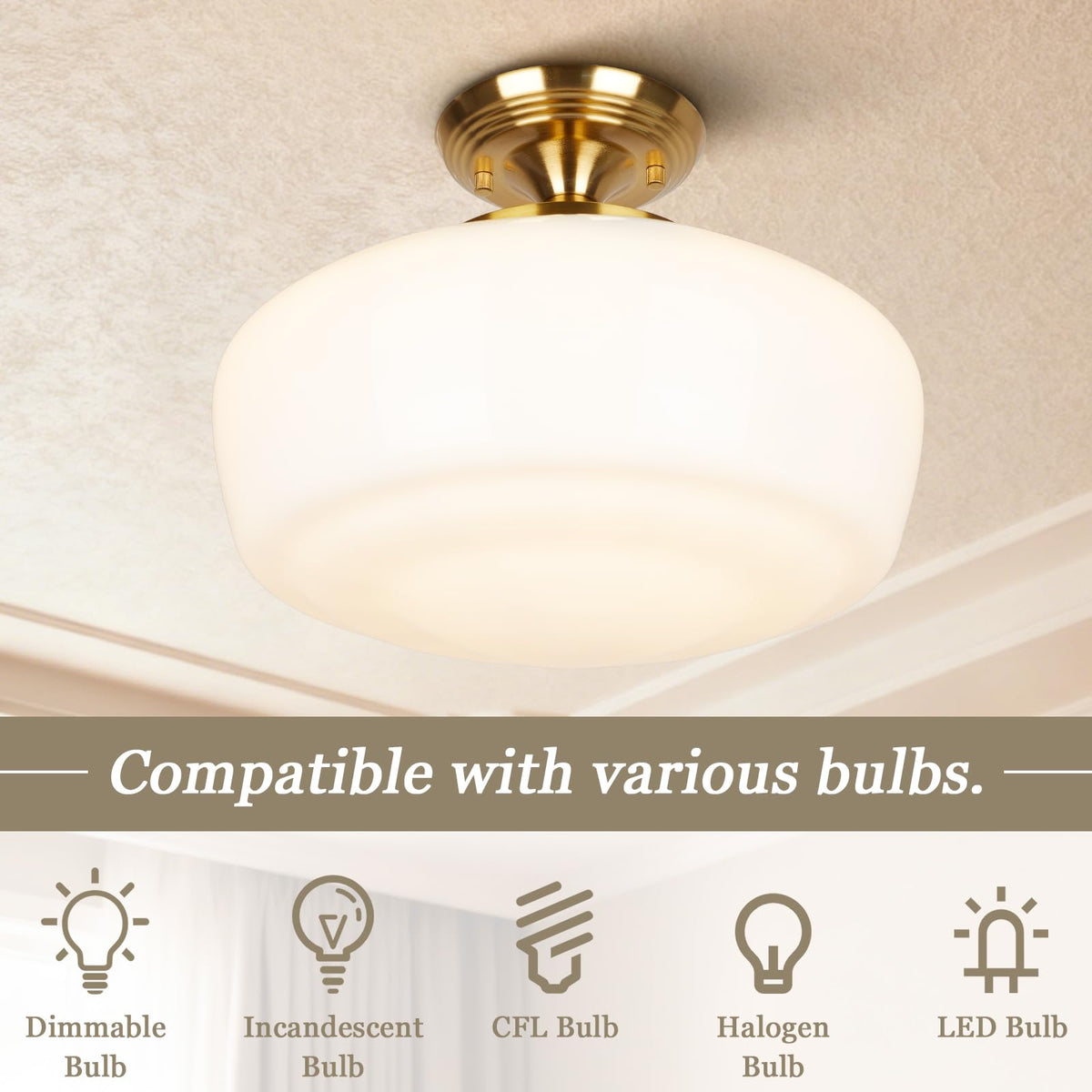 Large Schoolhouse Style Semi Flush Mount Ceiling Light Fixture (Gold / Large)