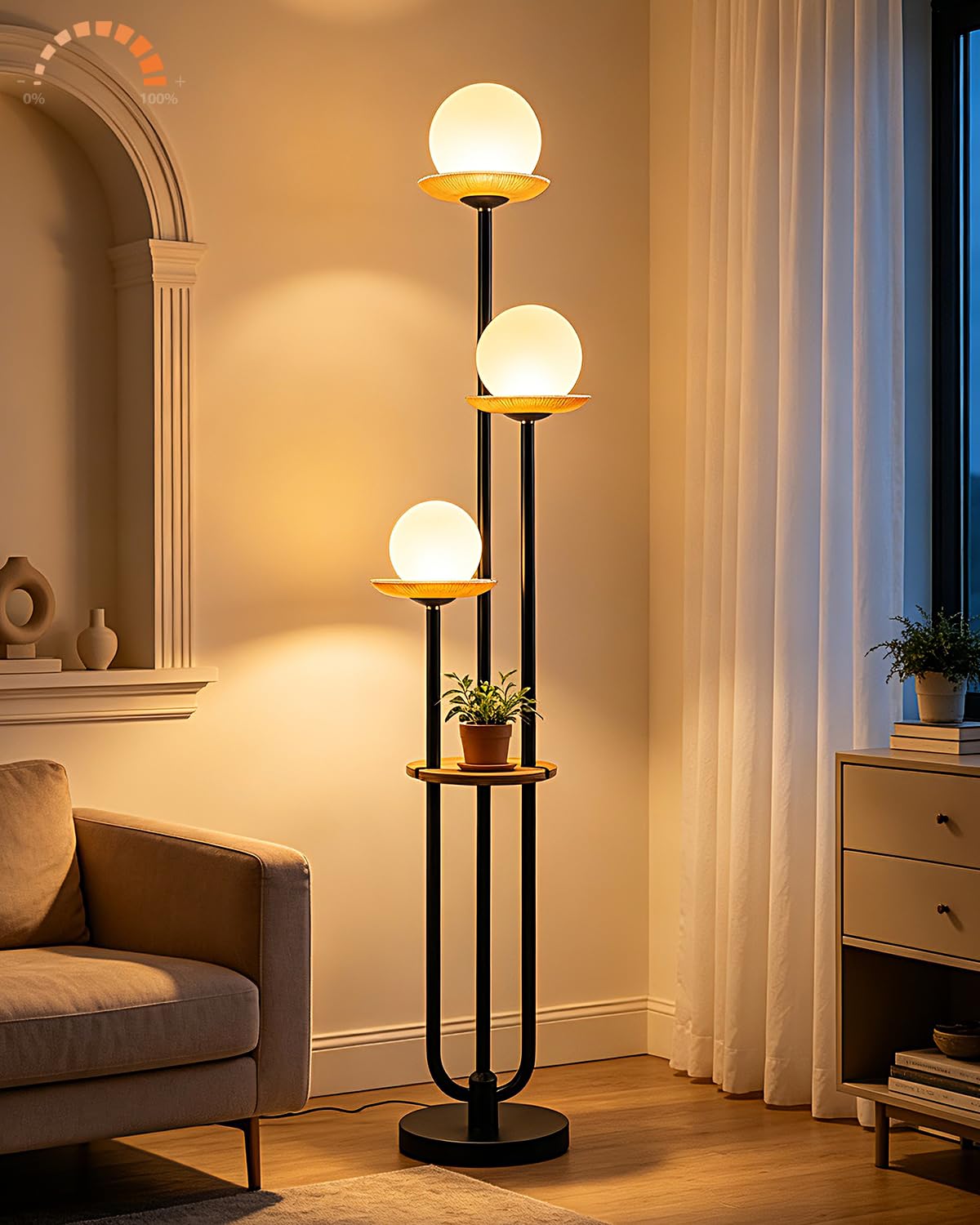 3 Globe Floor Lamp with Amber Glass Tray Black Dimmable Tall Lamp (Brown-3U Black)