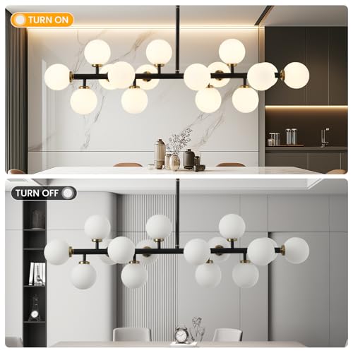 Black and Gold Chandelier Modern Rectangle Chandelier Glass Globe Pendant Light Fixture Adjustable for Dining Living Room Kitchen Island 16 (BlackGold-40in)
