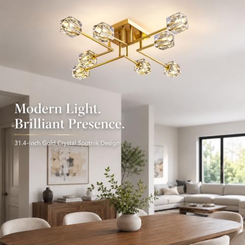 8 Light Gold Crystal Semi Flush Mount Sputnik Ceiling Light Fixture (Gold (8-light))