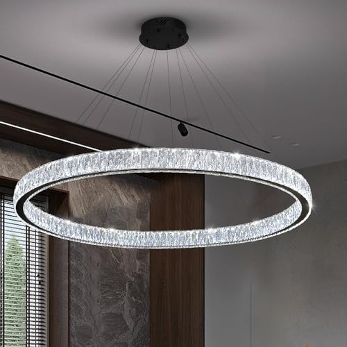 Modern LED Dimmable Crystal Chandelier 47.5" Ring Pendant Light Adjustable Round Chrome Crystal Chandelier Light Fixtures for Dining Room Living Room (Black 1 Ring 47.5")
