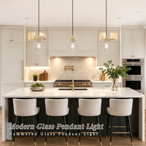 Gold Glass Pendant Lights Kitchen Island 8" Pendant Light Hammered Clear Glass 2 Pack Height Adjustable Modern Hanging Pendant Lights for Dining Room Bedroom Hallway Sink Bulbs Incl (Gold, 2 PK / 8 Inch)